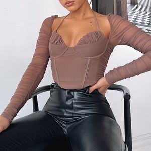 Nwt White Fox Boutique long sleeve mocha corset crop sheer L